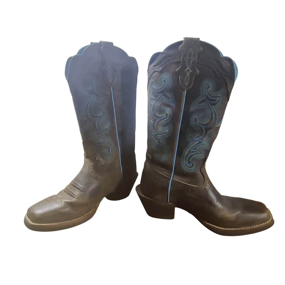 New Justin Brown‎ Leather Cowboy Boots Sz 5.5B Western Turquoise stitch Cowgirl